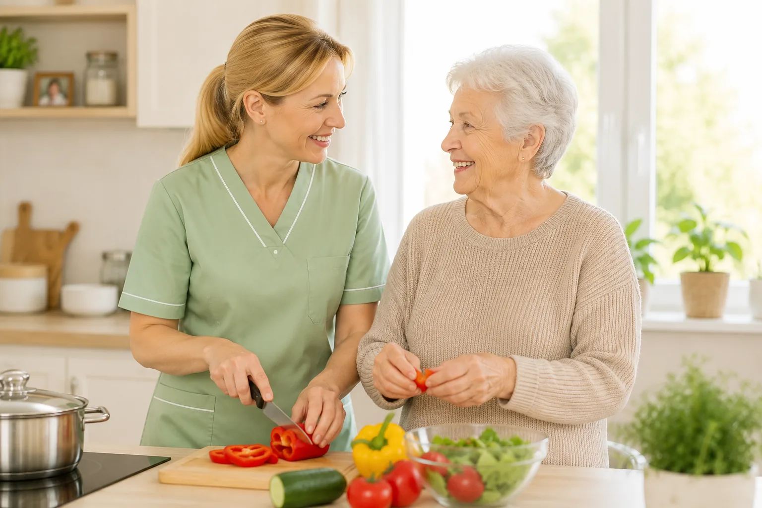 Betreuungskraft unterstützt Seniorin im Alltag